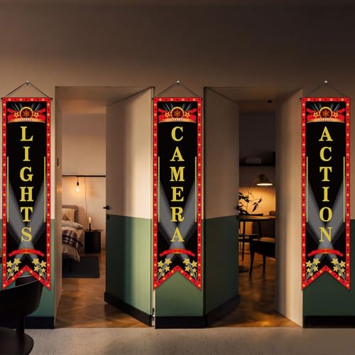 Image of Tegeme 6 Pcs Movie Night Porch Sign Banner Movie Theme Party Decorations Theater Welcome Now Showing Light Camera Action Hanging Porch Sign for Home Film Backdrop Party Supplies (Black,Classic)