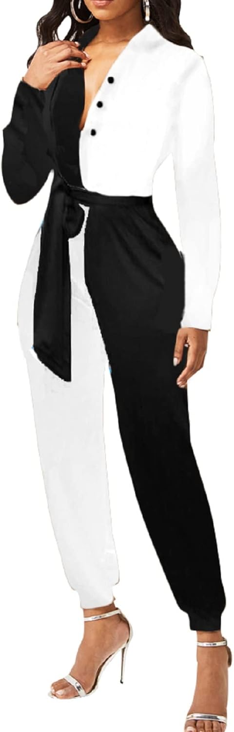 Xinlees Women Elegant Jumpsuits Casual V-neck Long Sleeve Stretchable Long Pants Rompers Button Pocketed Party Club - Image 4