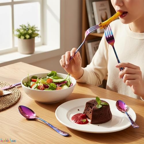Image of Floral Rainbow 10 Pcs Stainless Steel Cutlery Set for Dining Table, Dishwasher Safe Glossy Flatware (2 Spoon Set+2 Forks Set+2 Butter Knife+2 Dessert Spoon+ 2 FruitFork)