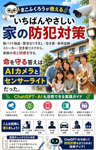 まこふくろうが教える いちばんやさしい家の防犯対策 闇バイト強盗・警官なりすまし・空き巣・車両盗難・ストーカー・空き家リスクから、家族の命と財産を守る。: 命を守る答えは、AIカメラとセンサーライトだった。 ChatGPT・AIも活用できる実践ガイド いちばんやさしいシリーズ