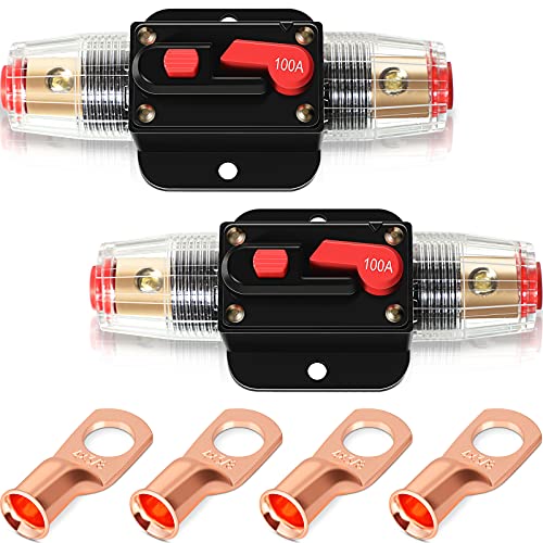 2 Pieces 100 Amp Audio Inline Fuse Holders Auto Car Stereo Circuit Breaker Manual Reset Breaker Finder with 4 Pieces Wire Lugs for Car Automotive Marine Boat Audio Overload Protection 12V-24V DC
