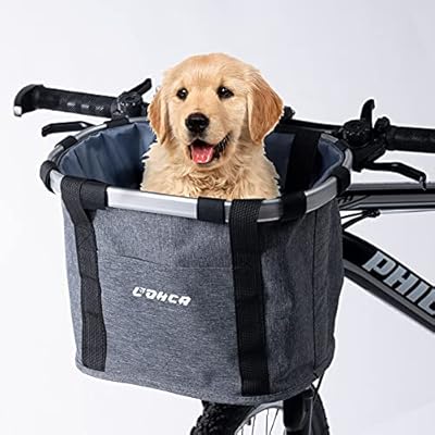 Lohca Bike Basket Small Pet Dog Cat Carrier Folding Detachable Bicycle Basket Handlebar Front Basket Easy Install for Picnic Shopping Camping, Grey