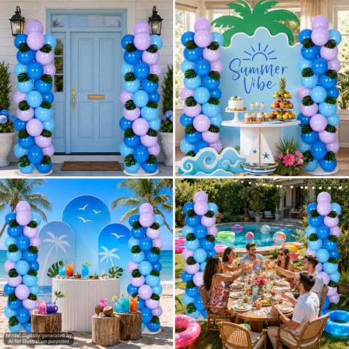 Image of 2 Sets Blue Purple Balloon Column Stand Kit with 99 Blue Purple Foil Balloons 10 Palm Leaf 5.57ft Adjustable Balloon Tower Stand with Bases Adjustable Arch Column for Tropical Birthday Party Decor