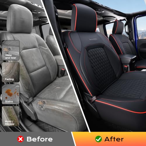 Image of Coverado Front Seat Covers for 2018-2026 Jeep Wrangler, Waterproof Leather Seat Covers Accessories Custom Fit JL 4 Door Car Seat Cover Protector Cushion Full Coverage, Red Line