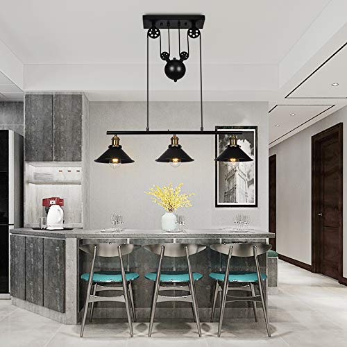 Three-Light Pulley Pendant Light, Indoor Island Light Adjustable Industrial Vintage Rustic Chandelier For Game Room 7Ft/8Ft/9Ft Tables, Vintage Kitchen Light For Man Cave, Kitchen, Dinning Room, Bar #TOP7