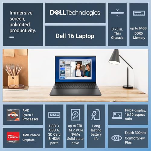 Image of Dell 16 inch FHD+ Touchscreen Business Laptop | AMD Ryzen 7 CPU(Beat i7-1355U) | 64GB RAM | 4TB PCle SSD | AI Copilot Key | Backlit Keyboard | Windows 11 | Business & Academic