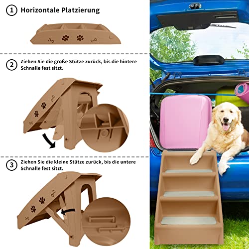 LZQ Hundetreppe Katzentreppe für Kleine Hunde Klappbar PP-Kunststoff Haustiertreppe 50cm Hoch mit Rutschfesten Stufen Hunderampe Sofa für Hunde und Katze zum Klettern und Kratzen, Braun