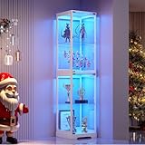 WEQUB Glass Display Cabinet with Doors, 65' Tall 4-Tier Curio Display Case with 3 Color Lights and Human Body Sensor, Bookcase for Collectibles, White