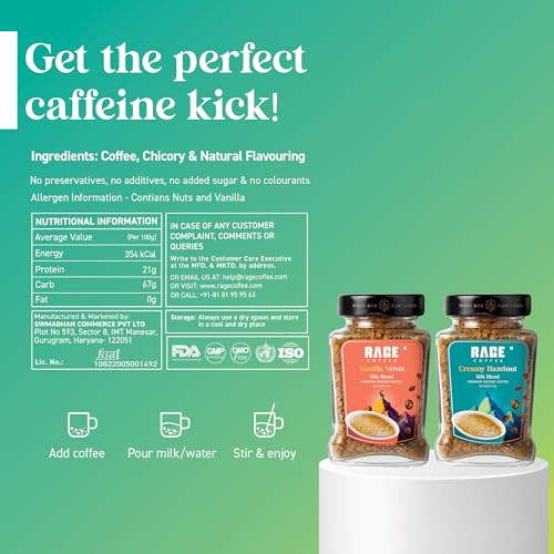Image of Rage Coffee Silk Blend Instant Coffee | Creamy Hazelnut & Vanilla Velvet Silk Blend Flavoured Coffee 60 GMs Each | Premium, Bold & Smooth | Pack of 2