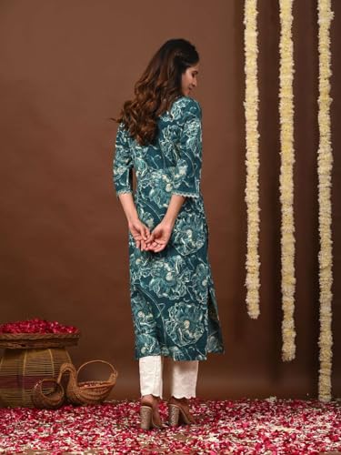 Image of Rimeline Women's Cotton Printed Kurta with Lace-Trim V-Neckline | Straight Fit Ethnic Wear for Festive, Casual & Office Use
