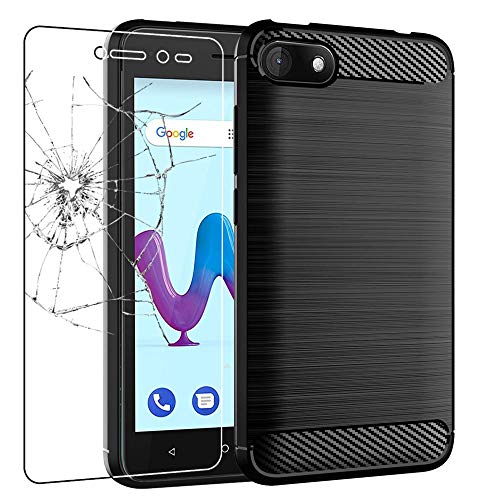 ebestStar - Coque pour Wiko Sunny3 (Sunny 3), Etui Protection Motif Carbone, Antichoc Souple TPU, Noir + Verre Trempé