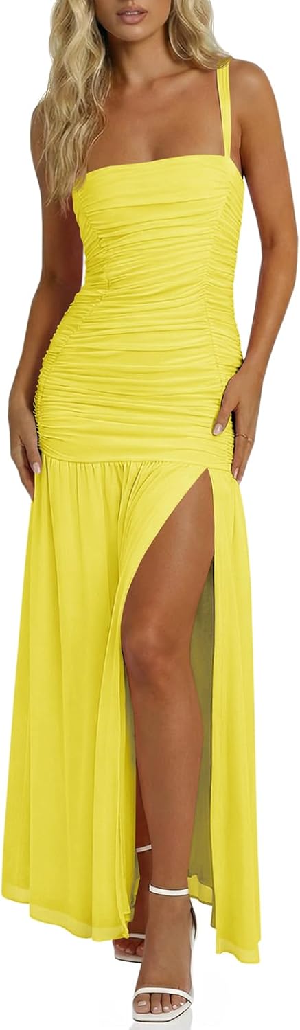Wenrine Womens Summer Sleeveless Maxi Dress Mesh Ruched Spaghetti Strap Wedding Guest Split Formal Cocktail Dresses
