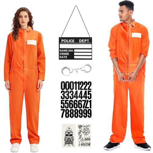 DHNDO Prisoner Jumpsuit Costume Women Men 6Pcs Orange Prison Jail Inmate Halloween Costume Cosplay Outfit Carnival Easter (M)