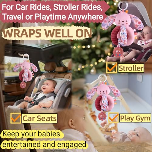 Image of Baby Stroller Hanging Car Seat Toys for Infants 0-6 Months Girl 0-2-3-4-5-7-8-9-10 6-12-18 Month Old Newborn Gifts, Carseat Pink Plush Bunny Travel Toy for Babies Boy Play Gym Rattle Squeaky