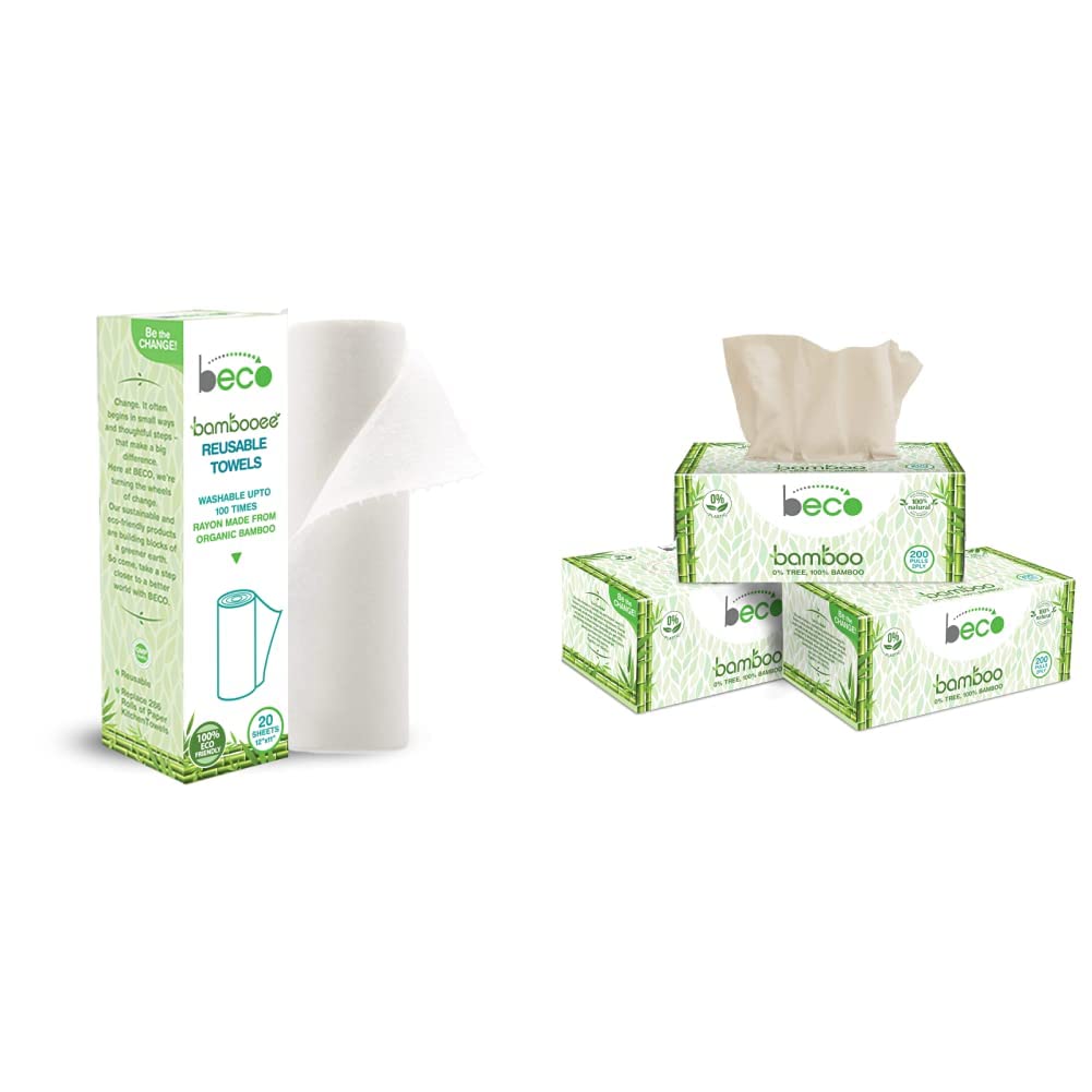 Reusable Kitchen Towel Roll (20 Sheets) Natural & Organic Bamboo Cloth No Tree Paper Towels and Biodegradable & Eco Friendly Brand Beco! Bambooee Natural Facial Tissue Carbox 200 Pulls (Pack of 3)-image-31