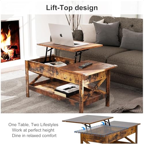 Table basse plateau relevable marron pour ranger et télétravailler - 6