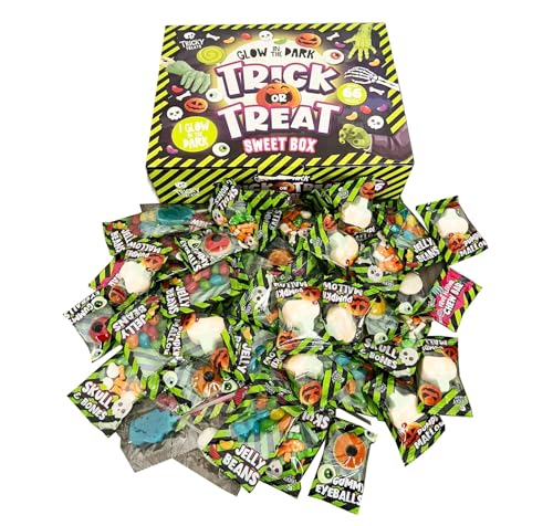 Halloween Trick or Treat Spooky Sweets Box for Kids 66 Glow in the Dark Candy Pieces in Fun Halloween Themed Gift Box Party Bag Fillers Treats & Candy Assortment for Trick or Treaters