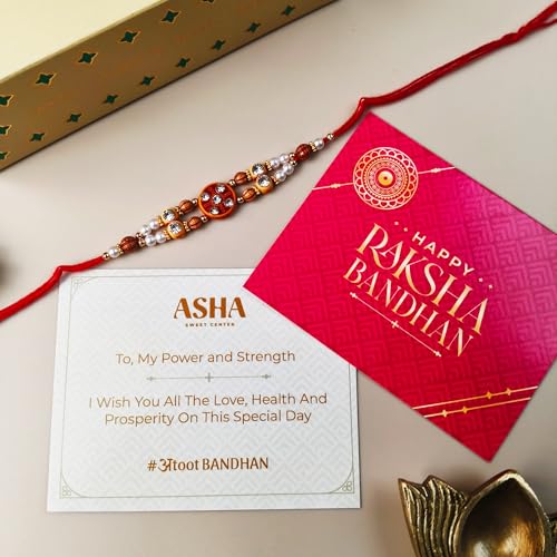 Image of ASHA SWEETS Rakhi Celebration Combo Pack with Mysore Pak (250gm), 1 Handmade Rakhi & Wish Card Set for Gifting to Brother & Sister |Premium Raksha Bandhan Festive Gift Box for Family & Friends & Pets