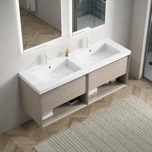 Zestaw mebli łazienkowych 140 cm, montaż ścienny z podwójnym zbiornikiem, 2 szuflady Soft-Close, otwarty regał, wstępnie zmontowany, jasny dąb o wyglądzie drewna