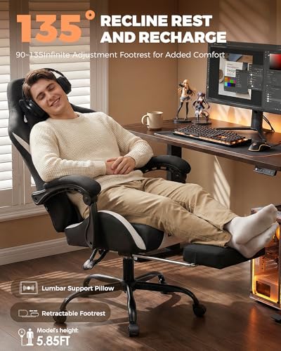 Image of GTPLAYER Gaming Chair with Foot Rest & Pocket Spring Cushion, Ergonomic High Back Computer Desk Chair with Headrest & Lumbar Support for Back Pain Relief, Breathable Fabric, Black
