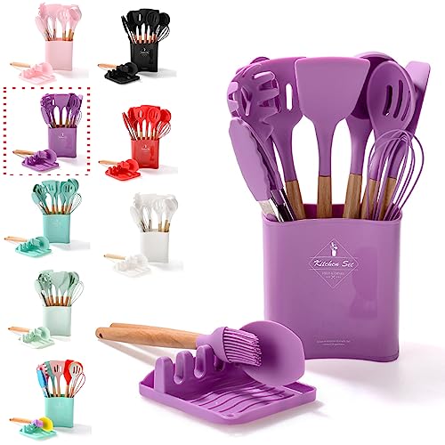 BRIIEC Purple Silicone Cooking Utensils Set, 13pcs Kitchen Tools with Wooden Handle, Rest for Utensils and Pot Lid, Non-Stick Silicone Spatula, Tongs, Whisk.