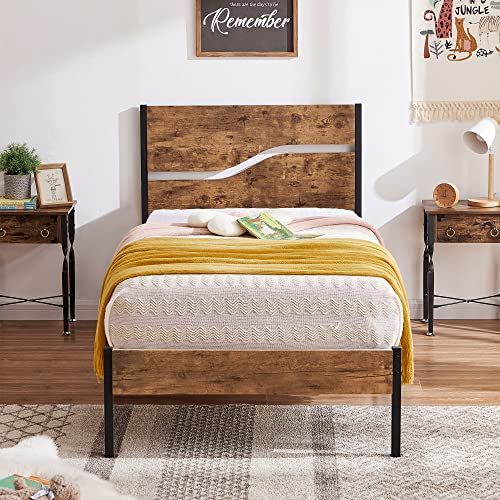 Vecelo Twin Platform Bed Frame & Platform Bed Frame/Mattress Foundation Twin Size With Rustic Vintage Wood Headboard, Strong Metal Slats Support, No Box Spring Needed #TOP5