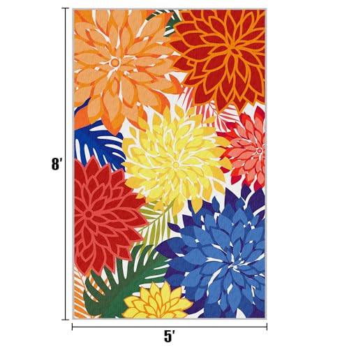 Image of Arenarug Outdoor Rug Waterproof, Washable Patio Rug for Deck, 5x8, Colorful | UV Resistant Chenille Fabric, Stain Resistant, Non Slip, Tropical Camping Carpet for Porch, Backyard