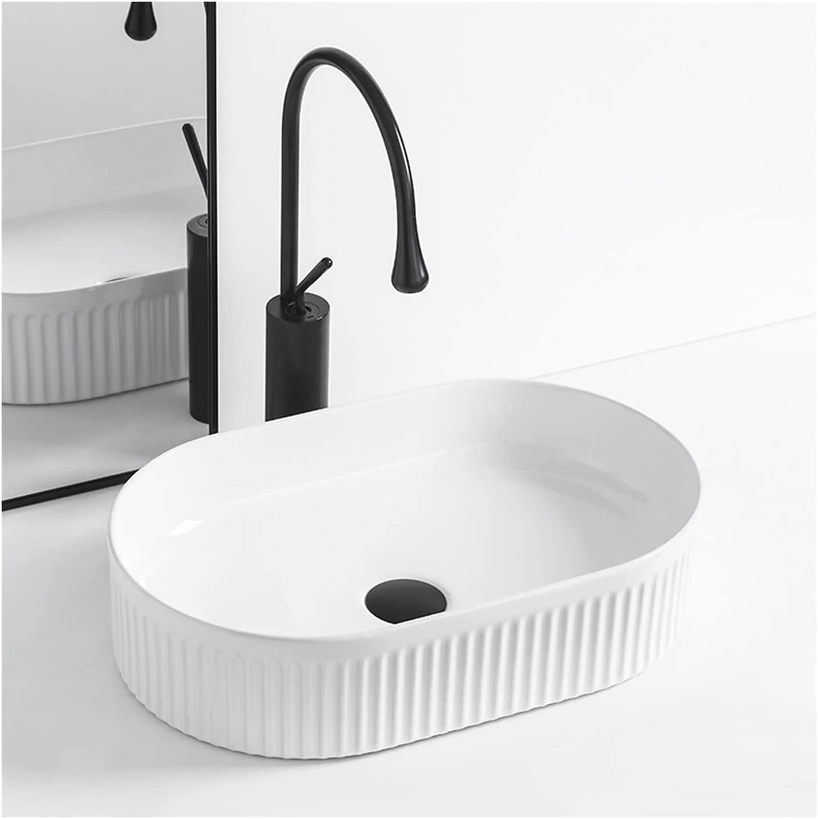 ASerZenith Bathroom Vessel Sink Ceramic Bathroom Sink Bathrooms Basin 20" Xceramic Vanity Sink Art Basin With Faucet Bathroom Sink(Blackfaucetset)