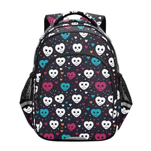 KLL Divertida mochila diaria negra con diseño de calavera de corazón para niños y niñas, escuela secundaria, mochila grande para niños, mochila casual para hombro, talla M, mochila para mujer