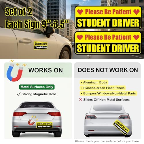 Image of Lusinus Student Driver Magnet for Car - Reflective Funny Magnetic Bumper Sticker Set - Removable Novice Driver Safety Attention Sign - Weather-Resistant