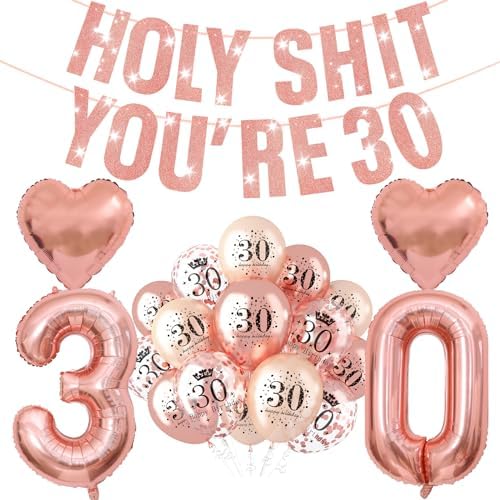 onehous 30th Birthday Decorations for Women, Rose Gold Holy 30th Birthday Banner with 30th Birthday Balloons, 40 inch Number 30 Balloon, Rose Gold Funny Birthday Party Decoration Supplies for Her