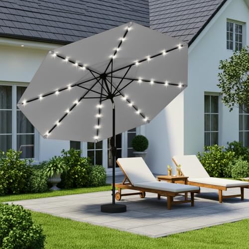 Image of 9' Solar LED Patio Umbrella with Tilt & Crank|8 Sturdy Ribs,UV Protection,Outdoor Market Table Umbrella for Deck,Lawn,Pool,Backyard(Light Gray)