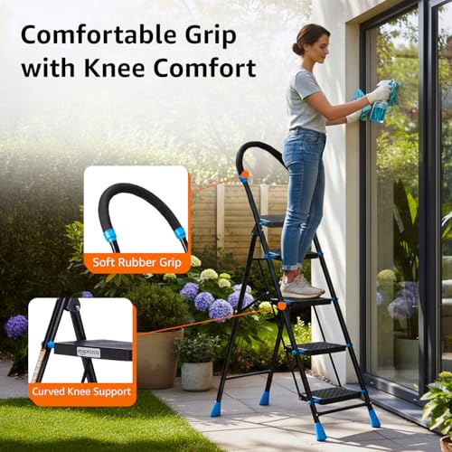Image of Amazon Basics Curvo-Foldable Step Ladder, Ribbed Steps, Knee Guard, Non-Marring PVC Shoes, 5 Steps (Black & Blue)
