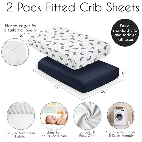 Image of Sweet Jojo Designs 2-Piece Baby Crib Sheets Set (Moon and Star) for Girls /Boys, Infant Nursery, Toddler Room - Fitted, Standard Size (Solid Navy Blue and Watercolor, Celestial, Sky, Stars and Moons)