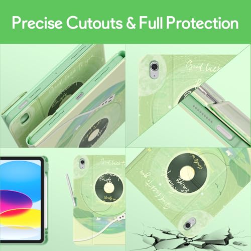 Image of YBING Keyboard Case for iPad 10th Gen 10.9 inch (2022) & 11th Gen (A16, 2025), Bluetooth Wireless Detachable Keyboard with Green Music Painted Patterns, 360 Rotatable Magnetic Case with Pencil Holder