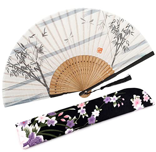 Amajiji 8.27"(21cm) Hand Held Bamboo Silk Folding Fan Hand Fan,Chinese/Japanese Charming Elegant Vintage Retro Style,Women Ladys Girls Best Gifts (White Bamboo Forest)