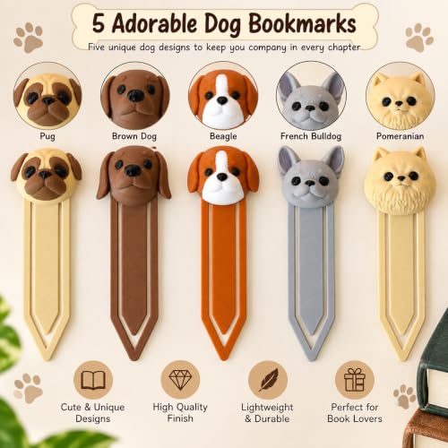 Image of 5 Pack Cute Dog Bookmarks, Unique 3D Page Markers for Readers & Gifting