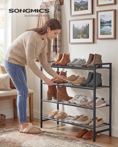 Image of SONGMICS Metal Shoe Rack, Free Standing Shoe Organizer for Entryway Closet Garage Small Spaces, Heavy-Duty Slim Steel Storage Shelf, 4-Tier, Fits 15-20 Pairs, Black ULMR044BP01