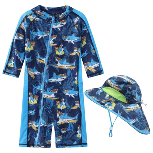 Baby Boy Swimsuit Rash Guard Toddler Sun Protection Swimwear Infant One Piece Bathing Suit with Sun Hat（Surfing Shark,3-6Months）