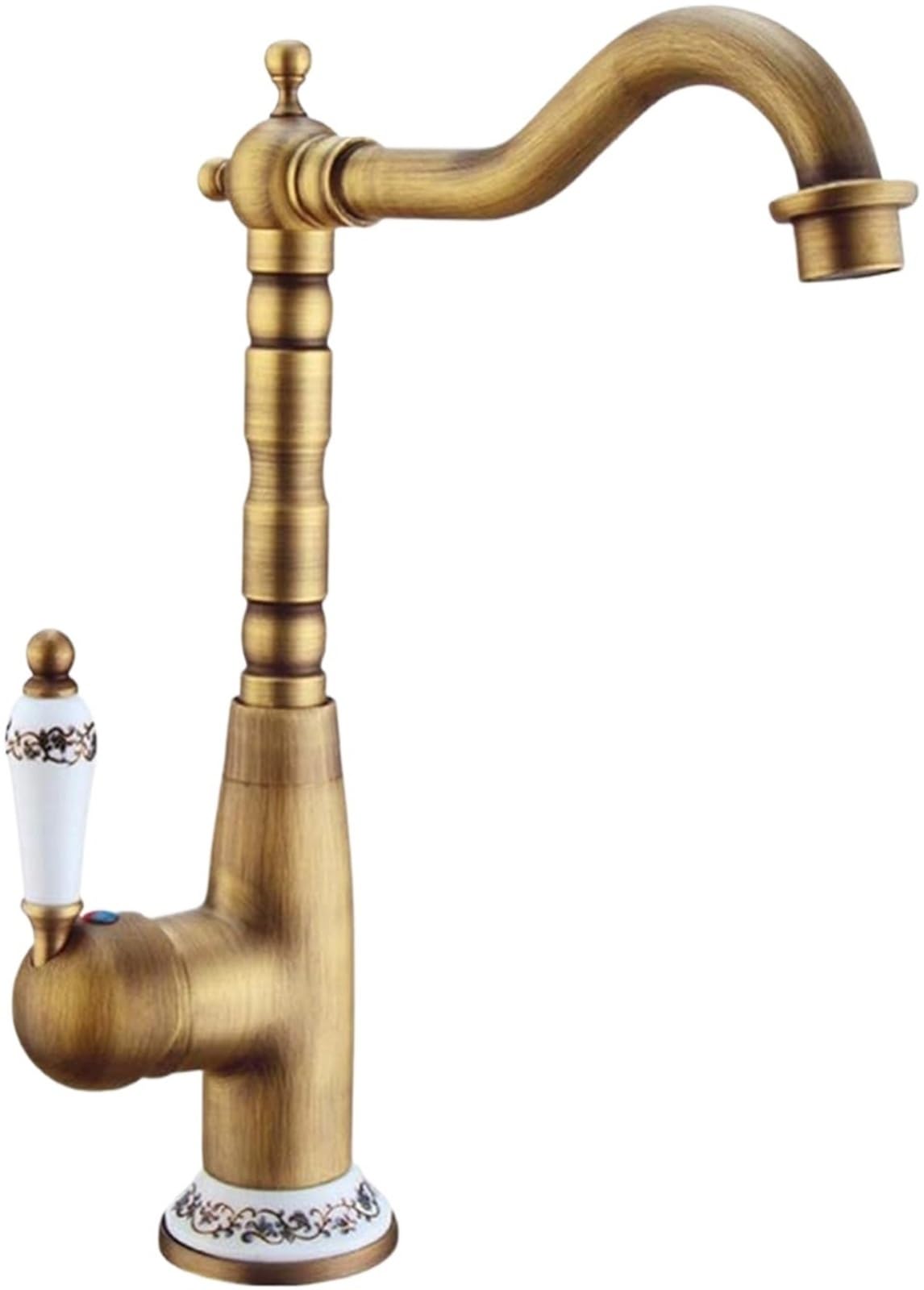 MXXQRHF Antique Brass Kitchen Faucet Deck-Mounted Mixer Tap with Porcelain Handle 360° Rotation Hot & Cold Water Elegant Basin Sink Fixture for Vintage Decor