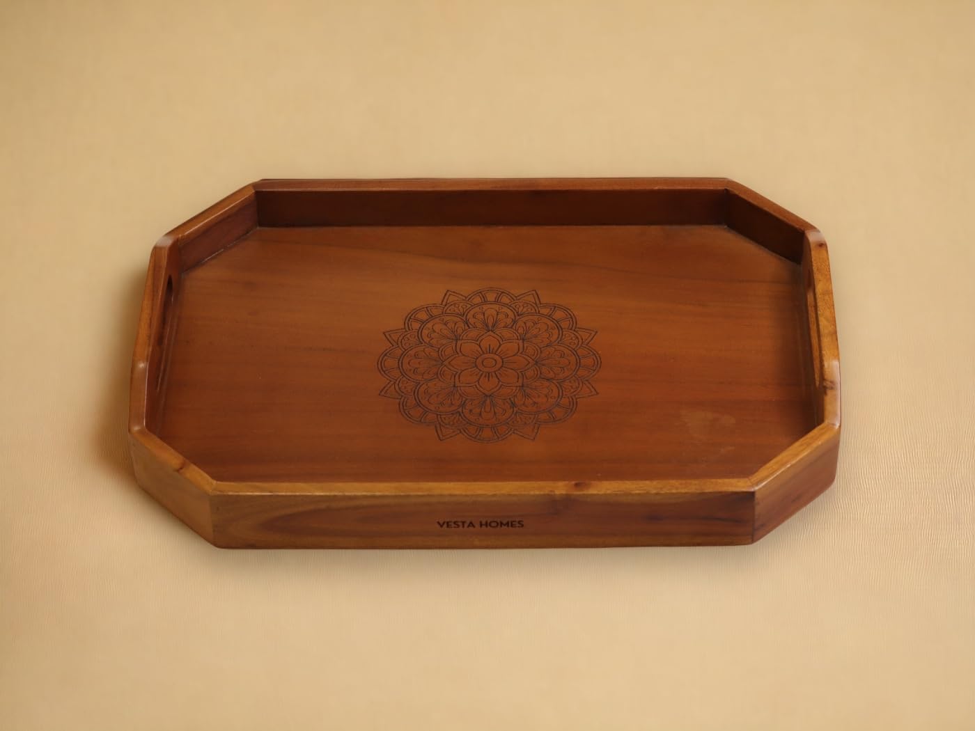 Vesta Homes Extra Large Wooden Serving Tray for Home, Kitchen, Breakfast, Restaurant, Office Organizer, Dining Table | Premium Acacia Wood |18 * 12 * 3 Inches | Handcrafted in India