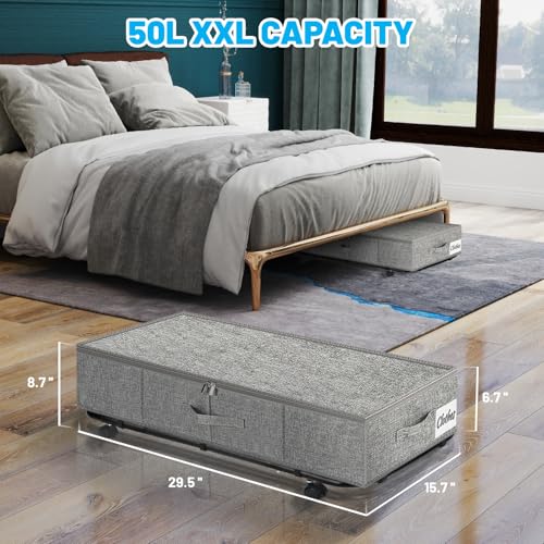 Image of Large Sturdy Under Bed Storage with Wheels, 2 Pack 50L Rolling Underbed Storage Bins, Under Bed Containers Drawer with Metal Bottom Support, Bedroom Organizer with Lids for Clothes, Shoes, Blankets