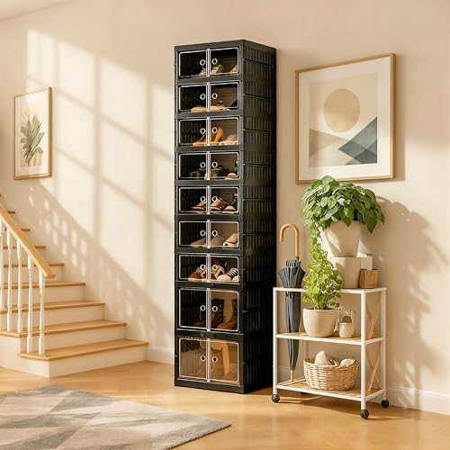 Image of Foldable Shoe Organizer Storage Box, Portable Extra Large Folding Shoe Rack for Closet, Shoe Storage Box with Magnetic Transparent Door and Wheels, 9 Layers 18 Grids with 4 Big Grids