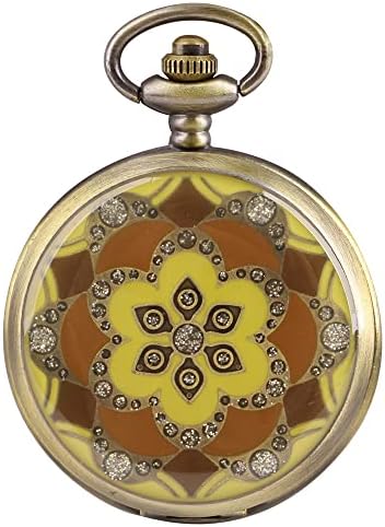 Tiong Emerald Flower Shape Quartz Movement Pocket Watch, Fashion Unisex Quartz Pocket Watches with Chain for Men and Women