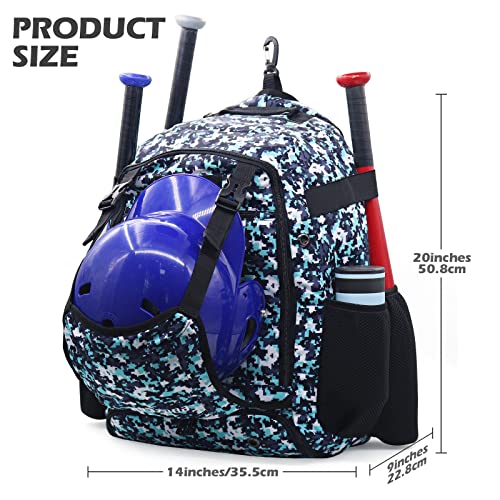 Zoea Baseball Bat Bag Backpack, T-Ball & Softball Equipment & Gear For Youth And Adults, Large Capacity Holds 4 Bats, Helmet, Gloves, Cleats,Shoes Compartment & Helmet Holder (Camouflage Blue) #TOP1