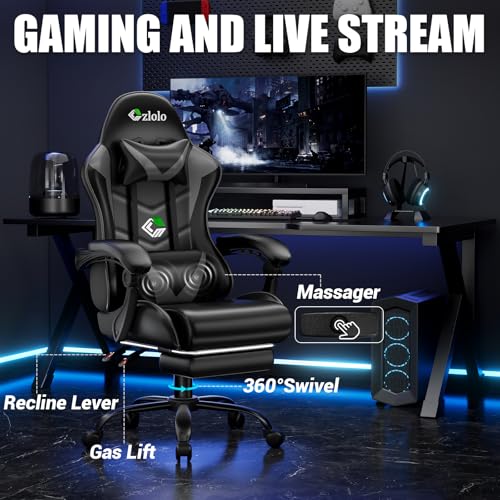 Image of Czlolo Gaming Chair with Footrest Racing Style Lumbar Support Massager Video Game Chair with Metal Legs, High Back Reclining Gamer Chair with Headrest, 360 Swivel Office Computer Desk Chair (Gray)