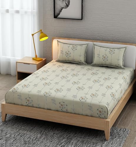 Image of 350 TC Premium Heavy Cotton Feel Elastic Fitted Bedsheet King Size with 2 Pillow Covers || Double Bed with All Around Elastic (Hanging Roses, Fitted Queen-60x78)