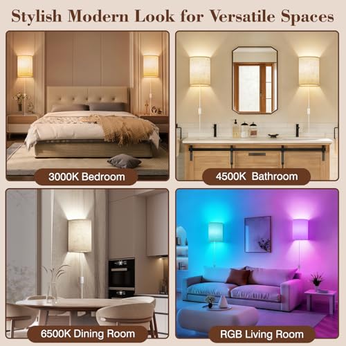 Image of Plug in Wall Sconces Set of Two: Wall Lights with 7 RGB Colors - 3 Color Temperature Wall Mount Lamps with Remote - Fabric Linen Wall Sconc for Bedroom Living Room & Hallway- Indoor Corded Wall Sconce