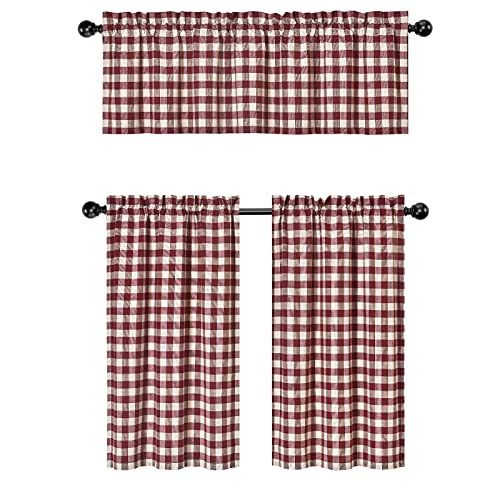 country kitchen curtains - 3 Pc. Plaid Country Chic Cotton Blend Kitchen Curtain Tier & Valance Set - Assorted Colors (Wine/Burgundy)