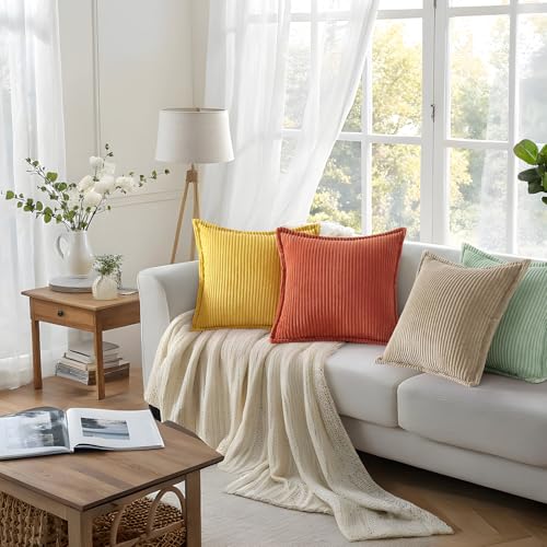 Mecatny Corduroy Throw Pillow Covers 26x26 Set of 2, Neutral Decorative Soft Boho Couch Pillow Covers with Broadside for Sofa Living Room, Khaki